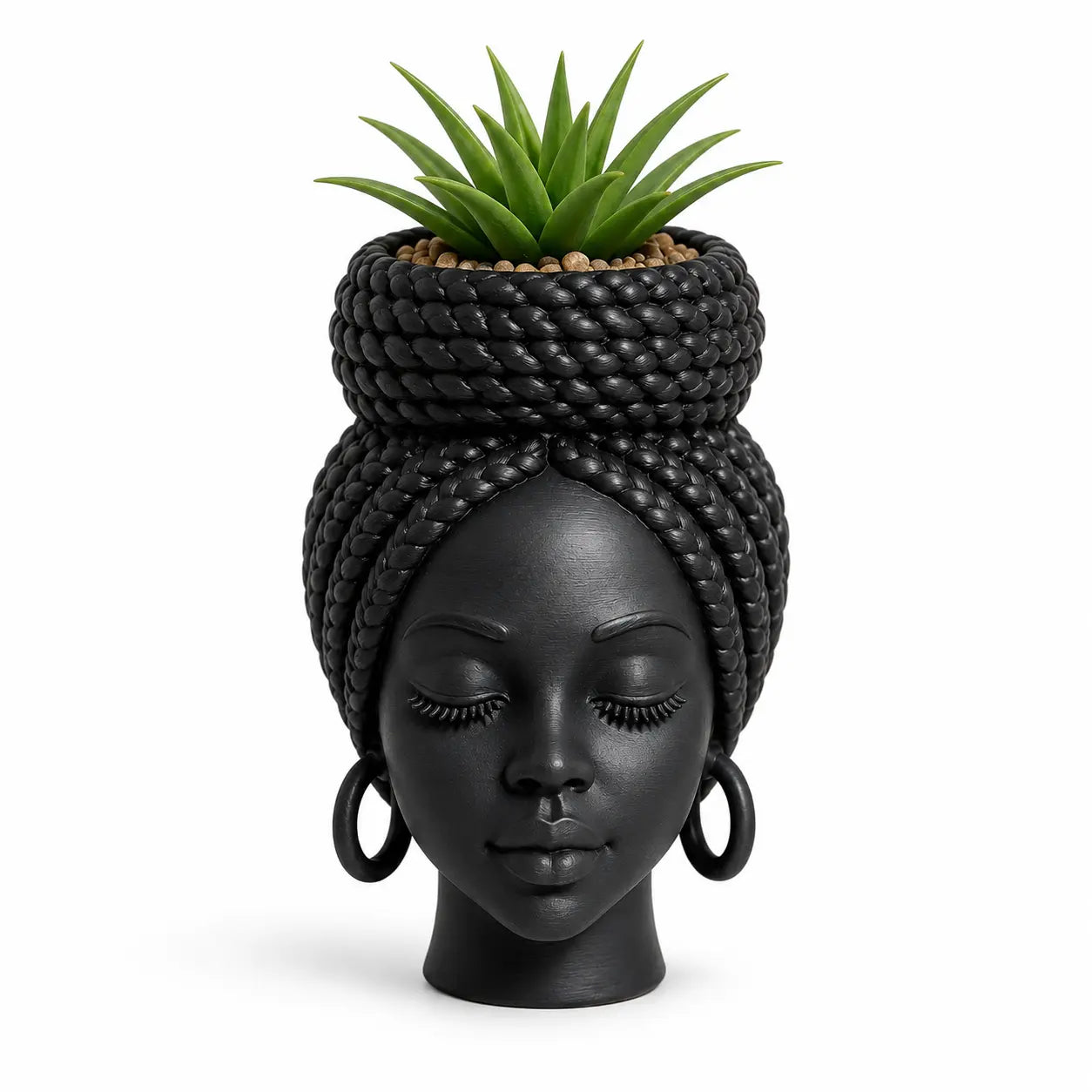 Mini African Braided Woman Head Planter - 3-Inch Matte Black Succulent Pot for Desk and Shelf Decoration