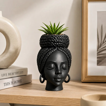 Mini African Braided Woman Head Planter - 3-Inch Matte Black Succulent Pot for Desk and Shelf Decoration