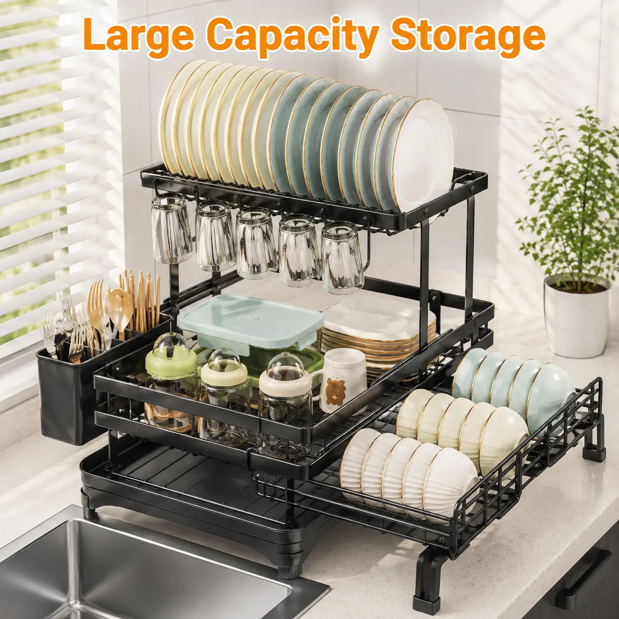 Foldable Over-Sink Dish Drying Rack - 2-Tier Dish Drainer with Utensil Holder for Space-Saving Kitchen Organization