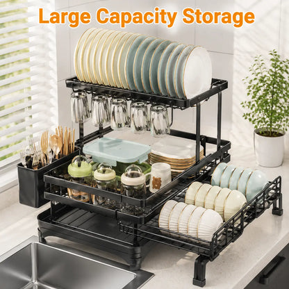 Foldable Over-Sink Dish Drying Rack - 2-Tier Dish Drainer with Utensil Holder for Space-Saving Kitchen Organization