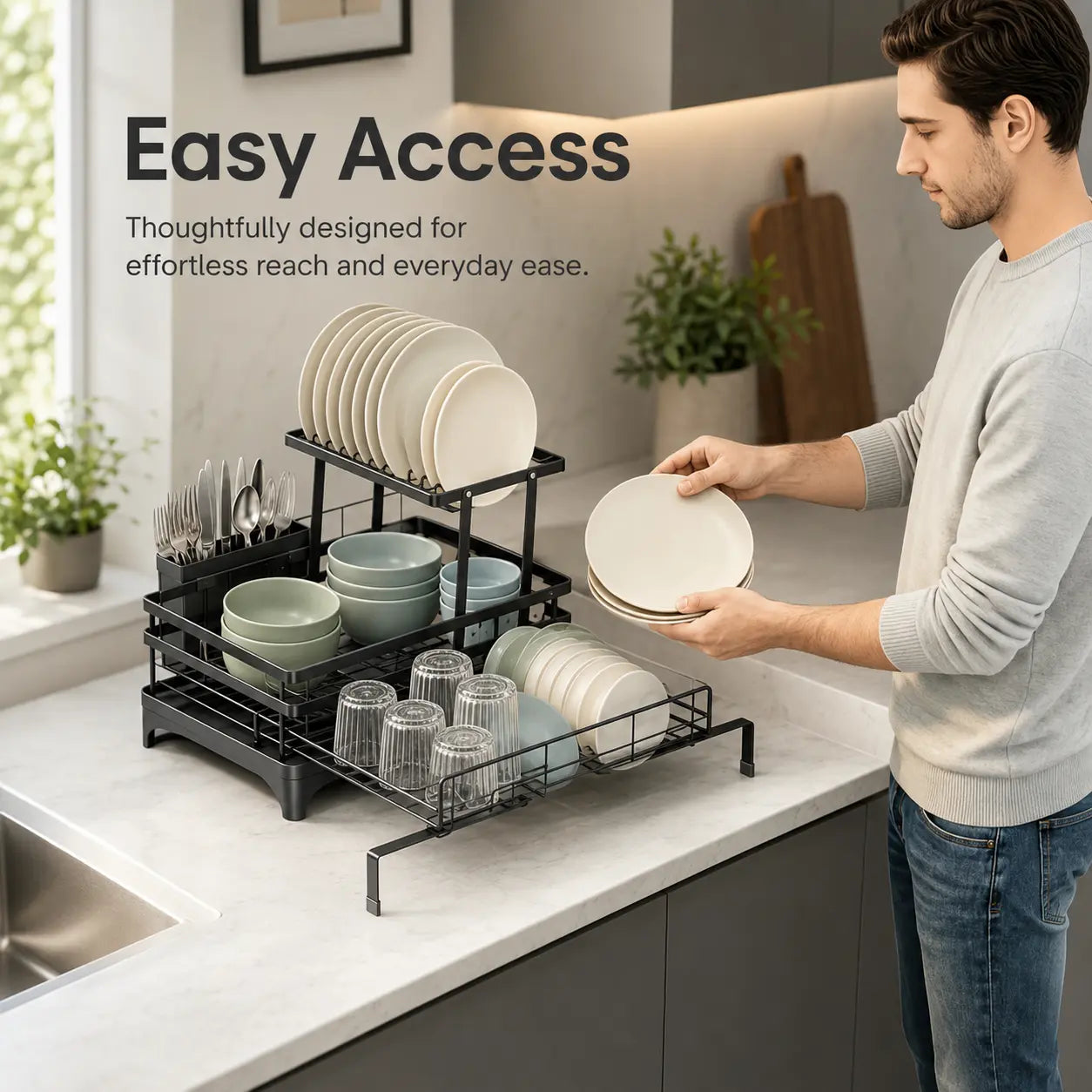 Foldable Over-Sink Dish Drying Rack - 2-Tier Dish Drainer with Utensil Holder for Space-Saving Kitchen Organization