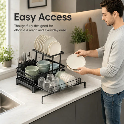 Foldable Over-Sink Dish Drying Rack - 2-Tier Dish Drainer with Utensil Holder for Space-Saving Kitchen Organization