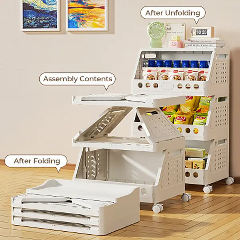 Stackable Rolling Storage Cart with Wheels - Multi-Purpose Foldable Plastic Organizer Rack for Kitchen, Pantry, Bedroom, and Bathroom