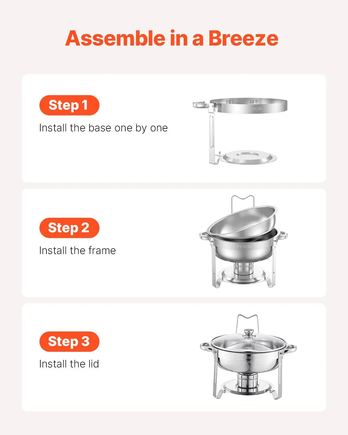 Vevor 5 Qt Chafing Dish Buffet Set - 4 Pack Stainless Steel Catering Warmer with Glass Lids, Full Size Pans, Water Pan, Folding Stand, and Fuel Holders for Weddings and Banquets