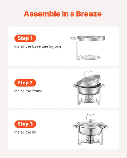 Vevor 5 Qt Chafing Dish Buffet Set - 4 Pack Stainless Steel Catering Warmer with Glass Lids, Full Size Pans, Water Pan, Folding Stand, and Fuel Holders for Weddings and Banquets