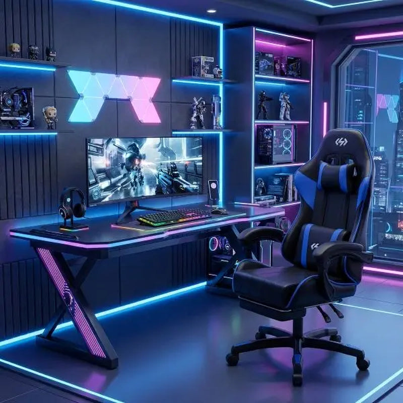 Ecofurnix Ergonomic Gaming Chair with Lumbar Support, Footrest, and Headrest - Adjustable Height and Backrest Angle, PU Leather, 360° Swivel, Executive High Back Office Chair with Massage Function