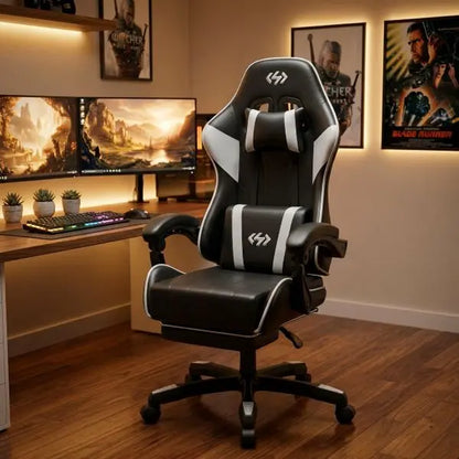 Ecofurnix Ergonomic Gaming Chair with Lumbar Support, Footrest, and Headrest - Adjustable Height and Backrest Angle, PU Leather, 360° Swivel, Executive High Back Office Chair with Massage Function