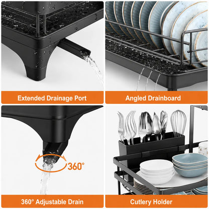 Foldable Over-Sink Dish Drying Rack - 2-Tier Dish Drainer with Utensil Holder for Space-Saving Kitchen Organization