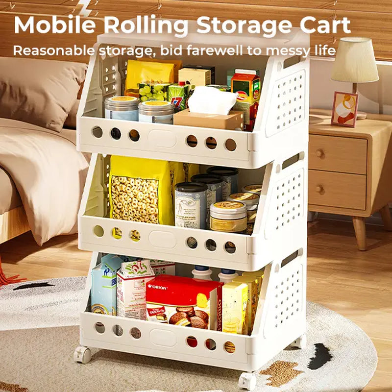 Stackable Rolling Storage Cart with Wheels - Multi-Purpose Foldable Plastic Organizer Rack for Kitchen, Pantry, Bedroom, and Bathroom