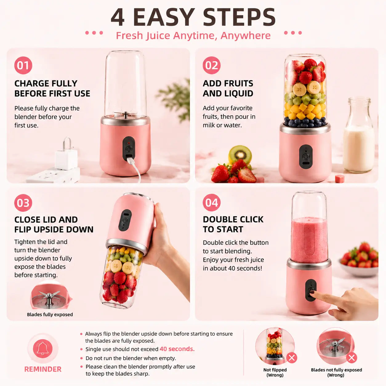 USB Rechargeable Portable Mini Blender - Cordless Smoothie Maker for Shakes, Baby Food, Vegetable Juices, and Travel Use, Leak-Proof Compact Design