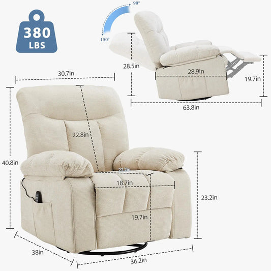 DUMOS Swivel Rocker Recliner Chair with Vibration Massage and Lumbar Heating, 270° Rotating Chenille Fabric Design with Footrest for Living Room and Bedroom