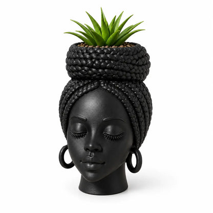 Mini African Braided Woman Head Planter - 3-Inch Matte Black Succulent Pot for Desk and Shelf Decoration