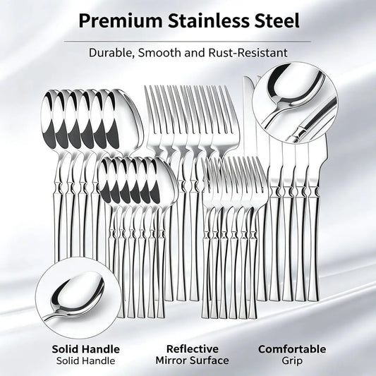 30-Piece Stainless Steel Cutlery Set - Dishwasher-Safe Forks, Spoons, Knives, and Teaspoons for Elegant Home Dining and Kitchen Essentials