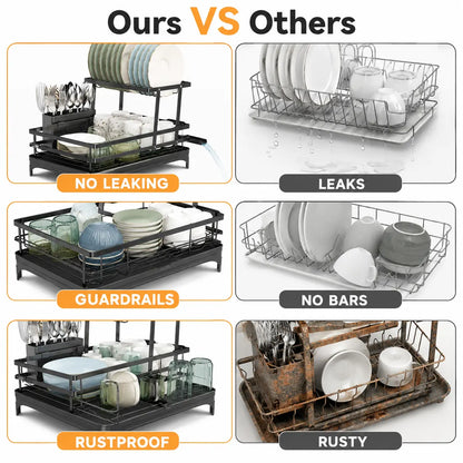 Foldable Over-Sink Dish Drying Rack - 2-Tier Dish Drainer with Utensil Holder for Space-Saving Kitchen Organization