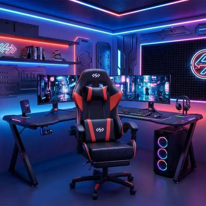 Ecofurnix Ergonomic Gaming Chair with Lumbar Support, Footrest, and Headrest - Adjustable Height and Backrest Angle, PU Leather, 360° Swivel, Executive High Back Office Chair with Massage Function