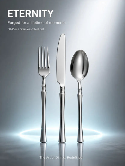30-Piece Stainless Steel Cutlery Set - Dishwasher-Safe Forks, Spoons, Knives, and Teaspoons for Elegant Home Dining and Kitchen Essentials