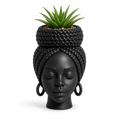 Mini African Braided Woman Head Planter - 3-Inch Matte Black Succulent Pot for Desk and Shelf Decoration