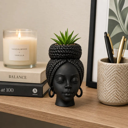 Mini African Braided Woman Head Planter - 3-Inch Matte Black Succulent Pot for Desk and Shelf Decoration