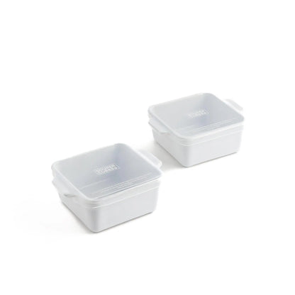 Souper Cubes Premium Mini Stoneware Baking Dishes - 5" x 5" Set of 2 with Silicone Covers, Made in USA, Ideal for Individual Portions - White