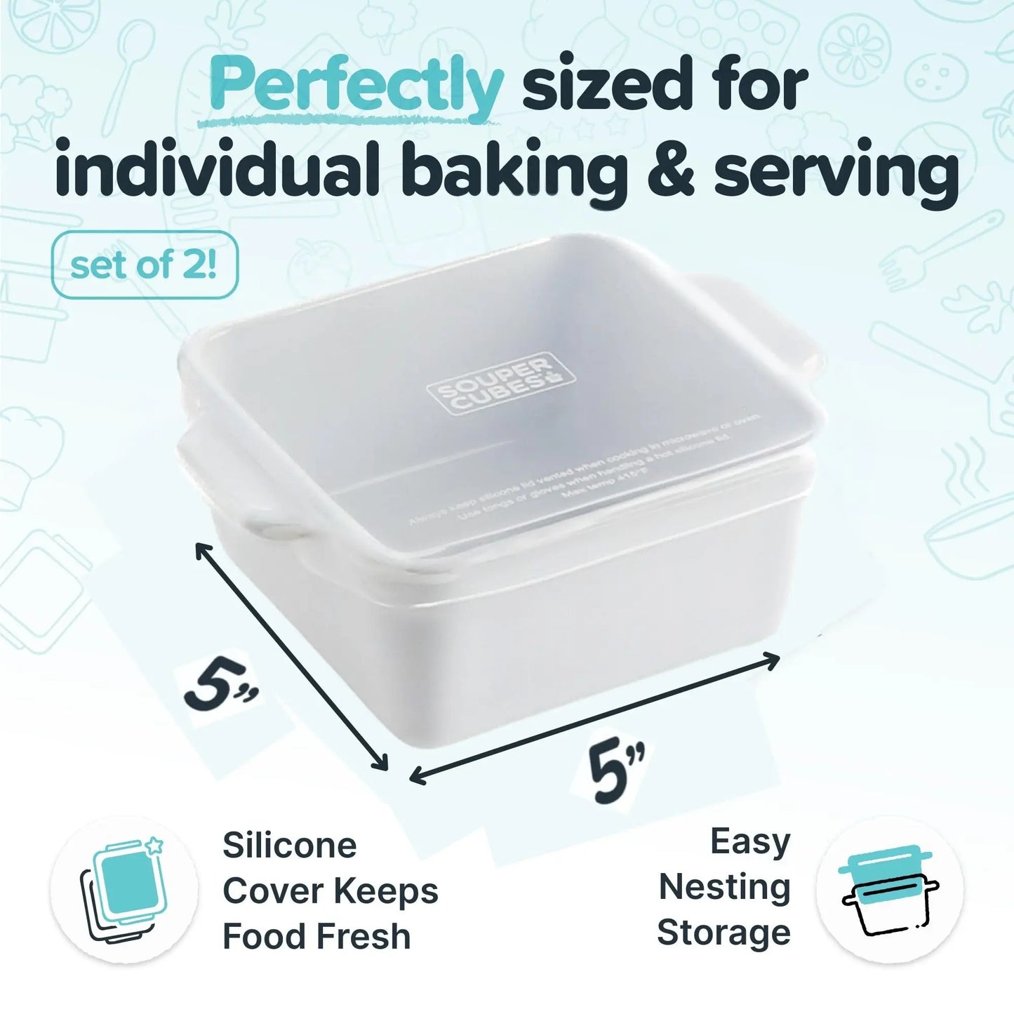 Souper Cubes Premium Mini Stoneware Baking Dishes - 5" x 5" Set of 2 with Silicone Covers, Made in USA, Ideal for Individual Portions - White