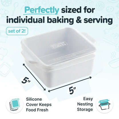 Souper Cubes Premium Mini Stoneware Baking Dishes - 5" x 5" Set of 2 with Silicone Covers, Made in USA, Ideal for Individual Portions - White
