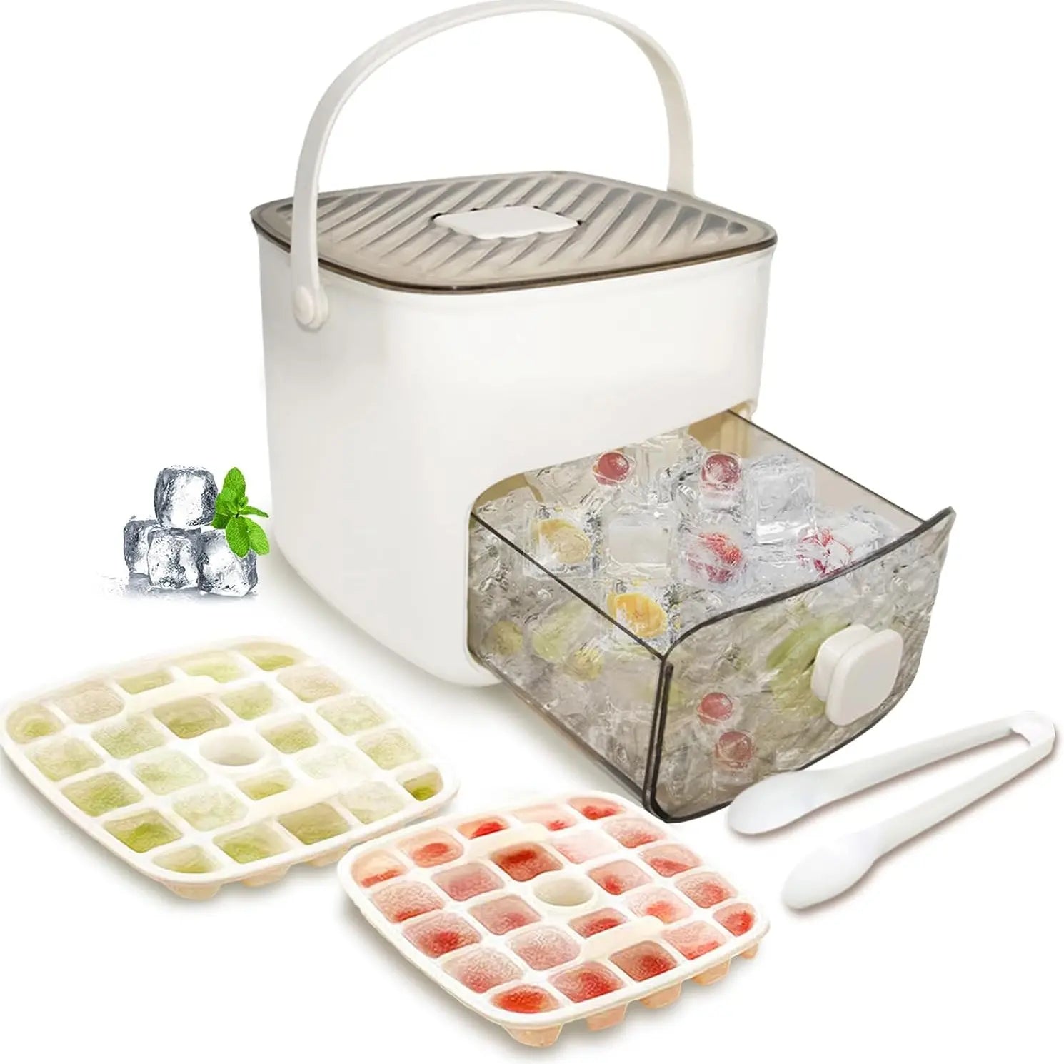 Ice Cube Tray with Lid and Bin - Versatile Ice Maker for Whiskey, Cocktails, Coffee, and Beer with Ice Tongs - Essential Kitchen Tool