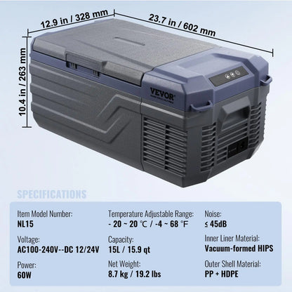 VEVOR 12V Portable Car Refrigerator and Freezer, 15L Single Zone Compressor Cooler with Adjustable Temperature Range of -4℉ to 68℉, Compatible with 12/24V DC and 100-240V AC for Outdoor, Camping, and RV Use