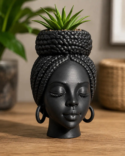 Mini African Braided Woman Head Planter - 3-Inch Matte Black Succulent Pot for Desk and Shelf Decoration
