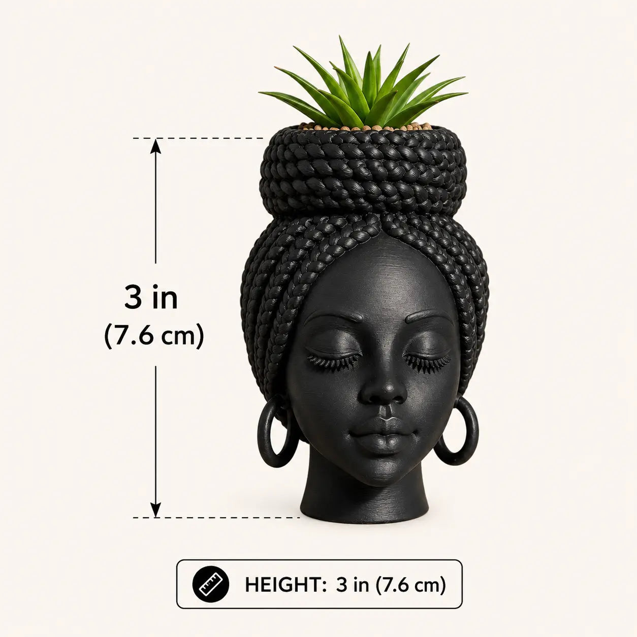 Mini African Braided Woman Head Planter - 3-Inch Matte Black Succulent Pot for Desk and Shelf Decoration