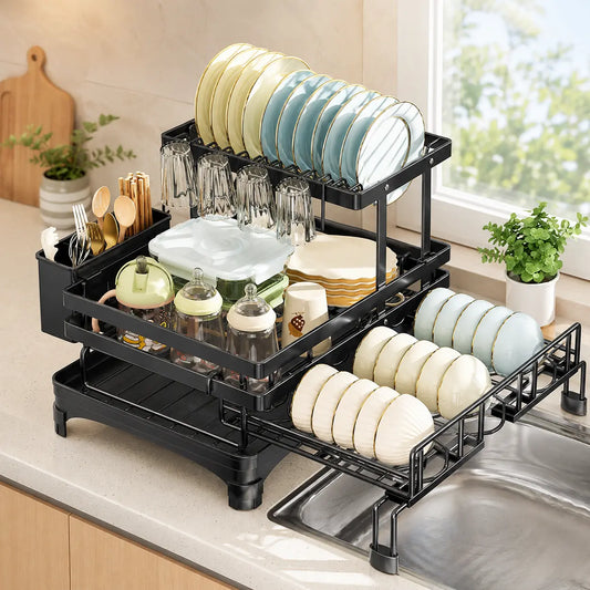 Foldable Over-Sink Dish Drying Rack - 2-Tier Dish Drainer with Utensil Holder for Space-Saving Kitchen Organization