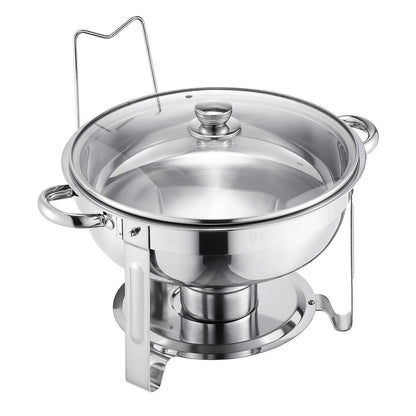 Vevor 5 Qt Chafing Dish Buffet Set - 4 Pack Stainless Steel Catering Warmer with Glass Lids, Full Size Pans, Water Pan, Folding Stand, and Fuel Holders for Weddings and Banquets